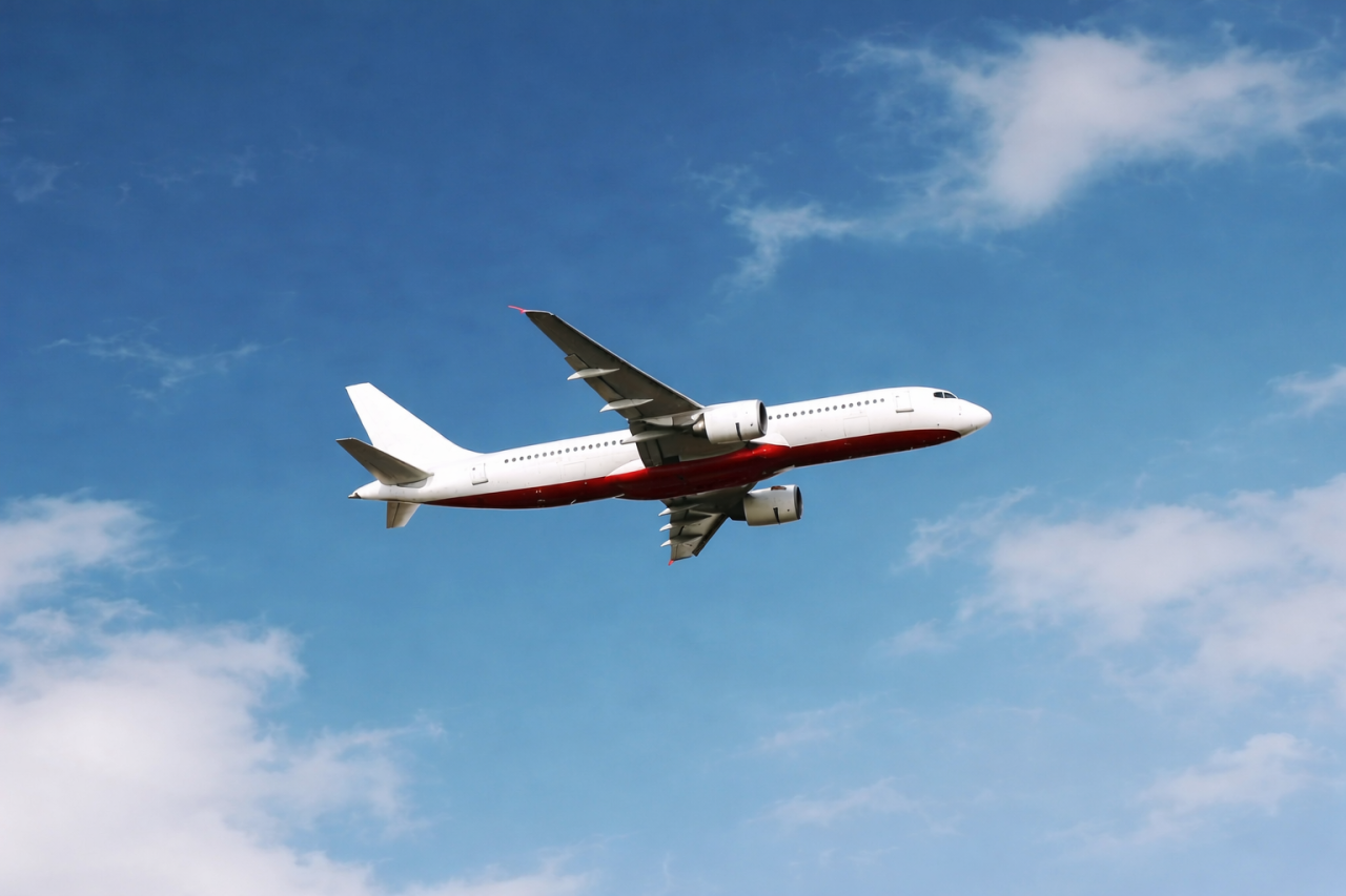 Airplane wing in flight against blue sky, illustrating fuel efficiency
